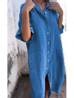 Hot Women's Cotton Midi Dress Athletic Dress Casual Cocktail Office Date Regular Fit Plain Half Sleeve Shirt Collar Black Red Blue Orange Summer Women Dresses