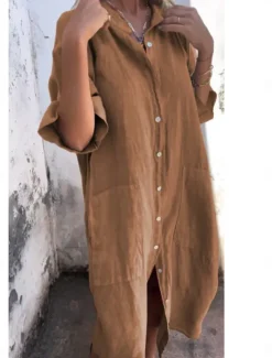 Hot Women's Cotton Midi Dress Athletic Dress Casual Cocktail Office Date Regular Fit Plain Half Sleeve Shirt Collar Black Red Blue Orange Summer Women Dresses