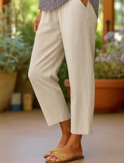 New Women's Cotton Pants Vacation Vintage Ethnic Style Ankle-Length High Waist Plain Comfy Breathability Soft Micro-elastic Army Green Dark red Black White Summer Spring Loose Fit Women Pants