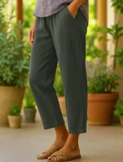 New Women's Cotton Pants Vacation Vintage Ethnic Style Ankle-Length High Waist Plain Comfy Breathability Soft Micro-elastic Army Green Dark red Black White Summer Spring Loose Fit Women Pants