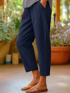 New Women's Cotton Pants Vacation Vintage Ethnic Style Ankle-Length High Waist Plain Comfy Breathability Soft Micro-elastic Army Green Dark red Black White Summer Spring Loose Fit Women Pants