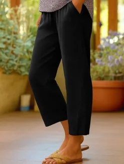 New Women's Cotton Pants Vacation Vintage Ethnic Style Ankle-Length High Waist Plain Comfy Breathability Soft Micro-elastic Army Green Dark red Black White Summer Spring Loose Fit Women Pants