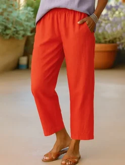 New Women's Cotton Pants Vacation Vintage Ethnic Style Ankle-Length High Waist Plain Comfy Breathability Soft Micro-elastic Army Green Dark red Black White Summer Spring Loose Fit Women Pants