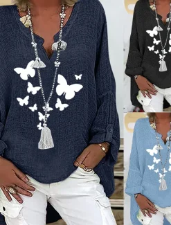 Online Women's Cotton Shirts Butterfly Stylish Basic Casual Long Sleeve V Neck Regular Tops Daily Print Black Navy Blue Sky Blue Summer Winter Women Shirts