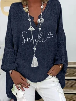 Online Women's Cotton Shirts Letter Basic Casual Long Sleeve V Neck Regular Tops Daily Print Black Navy Blue Sky Blue Summer Spring Fall Women Shirts