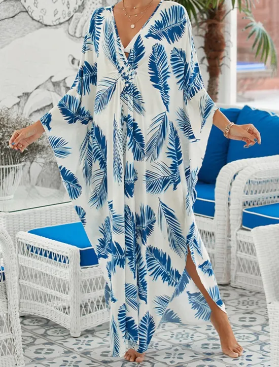 Hot Women's Cover Up Graphic Leaf Print V Neck Long Dress Maxi Dress Hawaiian Vacation Beach 3/4 Length Sleeve Summer Women Vacation Dresses