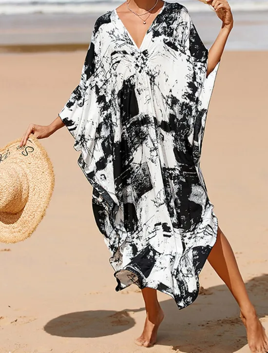 Hot Women's Cover Up Graphic Leaf Print V Neck Long Dress Maxi Dress Hawaiian Vacation Beach 3/4 Length Sleeve Summer Women Vacation Dresses