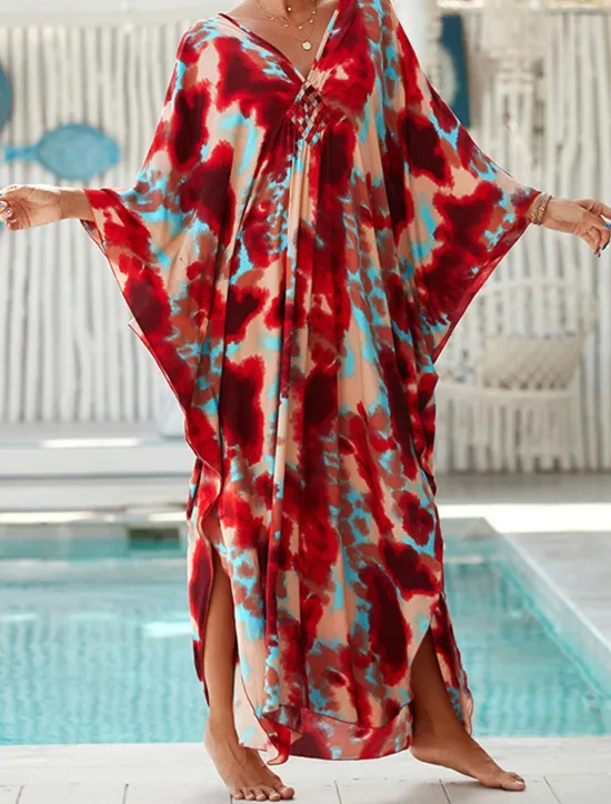 Hot Women's Cover Up Graphic Leaf Print V Neck Long Dress Maxi Dress Hawaiian Vacation Beach 3/4 Length Sleeve Summer Women Vacation Dresses