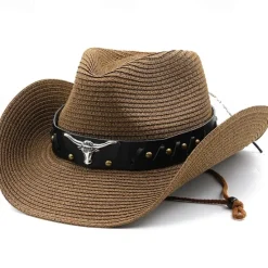 Sale Women's Cowboy Hats Ethnic Style Straw Panama Hat Belt Cow Decorate Western Hats Women Hats