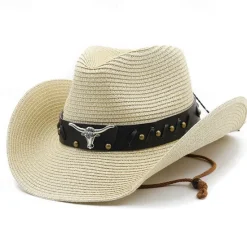 Sale Women's Cowboy Hats Ethnic Style Straw Panama Hat Belt Cow Decorate Western Hats Women Hats