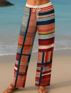 Hot Women's Culottes Wide Leg Vacation Vintage Ethnic Style Full Length High Waist Geometric Abstract Patchwork Drawstring Printing Quick Dry Breathability Soft Inelastic Formal Outdoor Vacation Black Women Pants