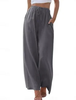 Online Women's Culottes Wide Leg Cotton Linen Pants Chinos Fashion Basic Full Length Medium Waist Plain Pocket Drawstring Comfort Outdoor Micro-elastic Vacation Street Daily Apricot Dark Gray Black White Women Pants