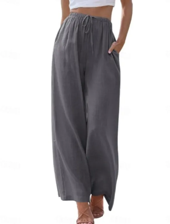 Online Women's Culottes Wide Leg Cotton Linen Pants Chinos Fashion Basic Full Length Medium Waist Plain Pocket Drawstring Comfort Outdoor Micro-elastic Vacation Street Daily Apricot Dark Gray Black White Women Pants