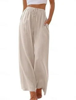 Online Women's Culottes Wide Leg Cotton Linen Pants Chinos Fashion Basic Full Length Medium Waist Plain Pocket Drawstring Comfort Outdoor Micro-elastic Vacation Street Daily Apricot Dark Gray Black White Women Pants