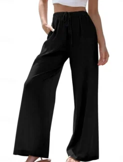 Online Women's Culottes Wide Leg Cotton Linen Pants Chinos Fashion Basic Full Length Medium Waist Plain Pocket Drawstring Comfort Outdoor Micro-elastic Vacation Street Daily Apricot Dark Gray Black White Women Pants