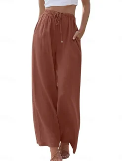 Online Women's Culottes Wide Leg Cotton Linen Pants Chinos Fashion Basic Full Length Medium Waist Plain Pocket Drawstring Comfort Outdoor Micro-elastic Vacation Street Daily Apricot Dark Gray Black White Women Pants