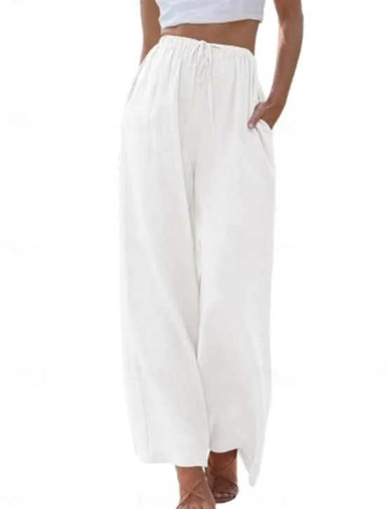 Online Women's Culottes Wide Leg Cotton Linen Pants Chinos Fashion Basic Full Length Medium Waist Plain Pocket Drawstring Comfort Outdoor Micro-elastic Vacation Street Daily Apricot Dark Gray Black White Women Pants
