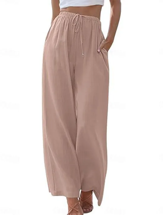 Online Women's Culottes Wide Leg Cotton Linen Pants Chinos Fashion Basic Full Length Medium Waist Plain Pocket Drawstring Comfort Outdoor Micro-elastic Vacation Street Daily Apricot Dark Gray Black White Women Pants