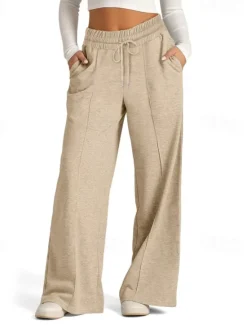 Discount Women's Culottes Wide Leg Slacks Pants Trousers Streetwear Casual Full Length Natural Plain Pocket Elastic Drawstring Design Comfy Outdoor Street Going out Magenta Apricot Dark Brown Black Summer Women Pants