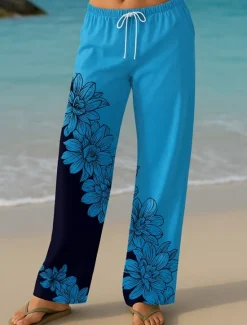 Outlet Women's Culottes Wide Leg Vacation Vintage Ethnic Style Long High Waist Floral Graphic Quick Dry Breathability Soft Inelastic Formal Outdoor Vacation Lake blue Yellow Blue Green Summer Spring Women Pants