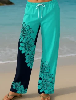 Outlet Women's Culottes Wide Leg Vacation Vintage Ethnic Style Long High Waist Floral Graphic Quick Dry Breathability Soft Inelastic Formal Outdoor Vacation Lake blue Yellow Blue Green Summer Spring Women Pants