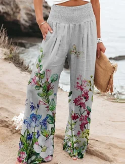 Clearance Women's Culottes Wide Leg Chinos Vacation Vintage Fashion Full Length High Waist Floral Pocket Elastic Waistband Comfy Soft Comfortable Micro-elastic Outdoor Vacation Magenta Robin's Egg Blue Pink Women Pants|Spring Pants