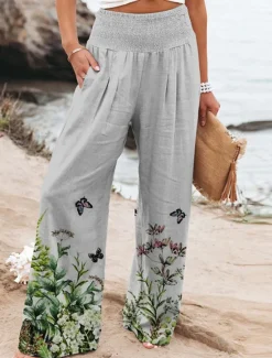 Clearance Women's Culottes Wide Leg Chinos Vacation Vintage Fashion Full Length High Waist Floral Pocket Elastic Waistband Comfy Soft Comfortable Micro-elastic Outdoor Vacation Magenta Robin's Egg Blue Pink Women Pants|Spring Pants