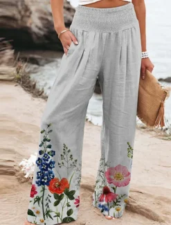 Clearance Women's Culottes Wide Leg Chinos Vacation Vintage Fashion Full Length High Waist Floral Pocket Elastic Waistband Comfy Soft Comfortable Micro-elastic Outdoor Vacation Magenta Robin's Egg Blue Pink Women Pants|Spring Pants