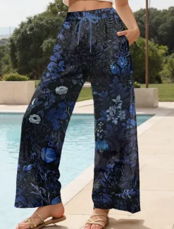 Outlet Women's Culottes Wide Leg Wide Leg Chinos Vacation Vintage Ethnic Style Full Length High Waist Floral Graphic Quick Dry Breathability Soft Inelastic Formal Outdoor Vacation Amethyst Robin's Egg Blue Women Pants