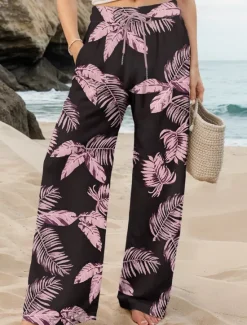 New Women's Culottes Wide Leg Wide Leg Chinos Vacation Vintage Fashion Full Length High Waist Graphic Leaf Elastic Waistband Printing Soft Breathable Micro-elastic Formal Vacation Street Buff Violet Women Pants