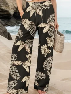 New Women's Culottes Wide Leg Wide Leg Chinos Vacation Vintage Fashion Full Length High Waist Graphic Leaf Elastic Waistband Printing Soft Breathable Micro-elastic Formal Vacation Street Buff Violet Women Pants