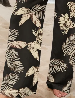 New Women's Culottes Wide Leg Wide Leg Chinos Vacation Vintage Fashion Full Length High Waist Graphic Leaf Elastic Waistband Printing Soft Breathable Micro-elastic Formal Vacation Street Buff Violet Women Pants