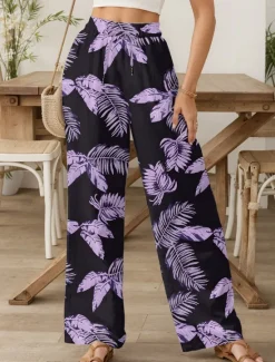 New Women's Culottes Wide Leg Wide Leg Chinos Vacation Vintage Fashion Full Length High Waist Graphic Leaf Elastic Waistband Printing Soft Breathable Micro-elastic Formal Vacation Street Buff Violet Women Pants