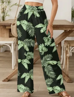 New Women's Culottes Wide Leg Wide Leg Chinos Vacation Vintage Fashion Full Length High Waist Graphic Leaf Elastic Waistband Printing Soft Breathable Micro-elastic Formal Vacation Street Buff Violet Women Pants