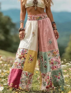 Discount Women's Culottes Wide Leg Vacation Vintage Ethnic Style Full Length High Waist Floral Graphic Quick Dry Breathability Soft Inelastic Formal Outdoor Vacation Pink Red Summer Spring Women Pants