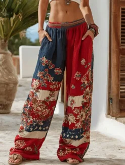 Discount Women's Culottes Wide Leg Vacation Vintage Ethnic Style Full Length High Waist Floral Graphic Quick Dry Breathability Soft Inelastic Formal Outdoor Vacation Pink Red Summer Spring Women Pants