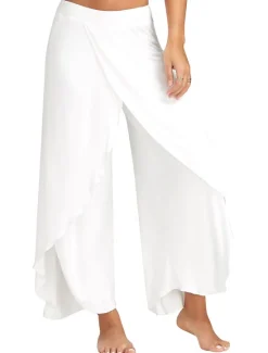 Online Women's Culottes Wide Leg Chinos Ruffle Layered Stretchy Mid Waist Basic Casual / Sporty Casual Daily Black White S M Summer Spring & Fall Women Pants