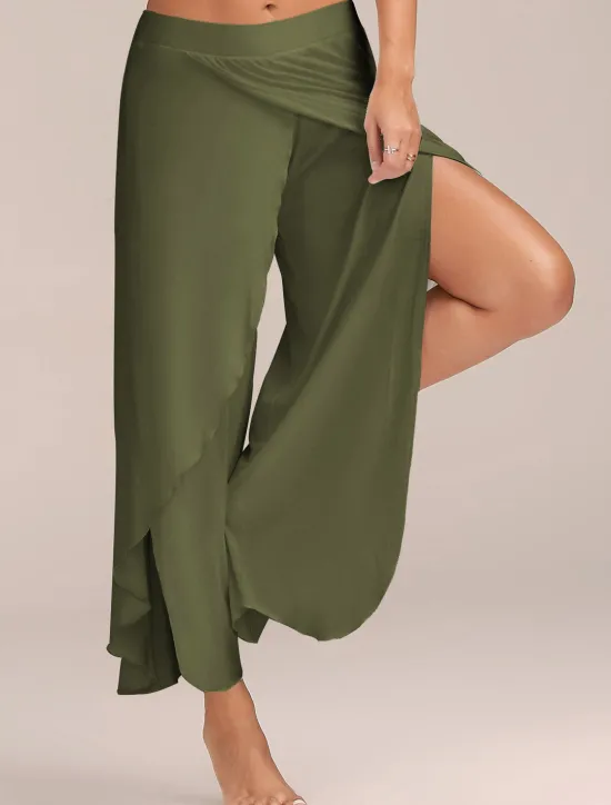 Online Women's Culottes Wide Leg Chinos Ruffle Layered Stretchy Mid Waist Basic Casual / Sporty Casual Daily Black White S M Summer Spring & Fall Women Pants