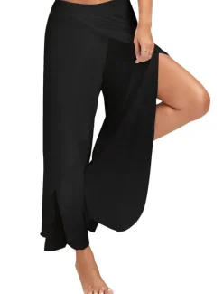 Online Women's Culottes Wide Leg Chinos Ruffle Layered Stretchy Mid Waist Basic Casual / Sporty Casual Daily Black White S M Summer Spring & Fall Women Pants