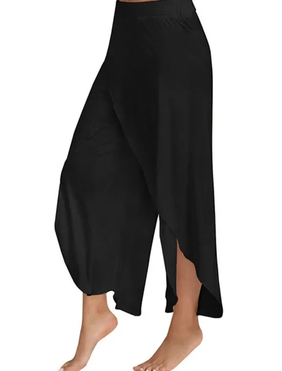 Online Women's Culottes Wide Leg Chinos Ruffle Layered Stretchy Mid Waist Basic Casual / Sporty Casual Daily Black White S M Summer Spring & Fall Women Pants