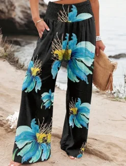 Women's Culottes Wide Leg Fashion Streetwear Full Length High Waist Floral Pocket Elastic Waistband Comfy Soft Comfortable Micro-elastic Street Going out Robin's Egg Blue Black Sage Gray Summer Spring Women Spring Pants