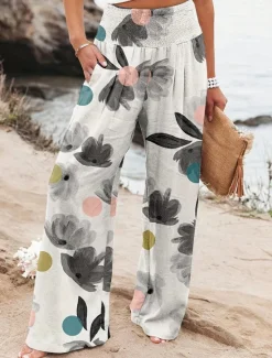 Women's Culottes Wide Leg Fashion Streetwear Full Length High Waist Floral Pocket Elastic Waistband Comfy Soft Comfortable Micro-elastic Street Going out Robin's Egg Blue Black Sage Gray Summer Spring Women Spring Pants