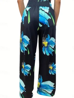 Women's Culottes Wide Leg Fashion Streetwear Full Length High Waist Floral Pocket Elastic Waistband Comfy Soft Comfortable Micro-elastic Street Going out Robin's Egg Blue Black Sage Gray Summer Spring Women Spring Pants