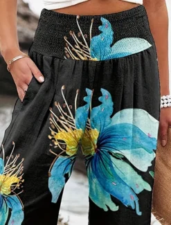 Women's Culottes Wide Leg Fashion Streetwear Full Length High Waist Floral Pocket Elastic Waistband Comfy Soft Comfortable Micro-elastic Street Going out Robin's Egg Blue Black Sage Gray Summer Spring Women Spring Pants
