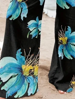 Women's Culottes Wide Leg Fashion Streetwear Full Length High Waist Floral Pocket Elastic Waistband Comfy Soft Comfortable Micro-elastic Street Going out Robin's Egg Blue Black Sage Gray Summer Spring Women Spring Pants