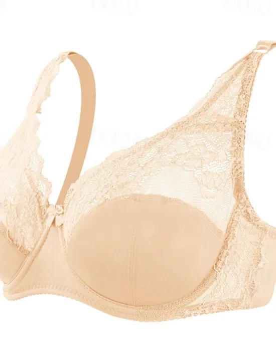 Discount Women's Curve Plus Size Solid Color Pure Color Flower / Floral Lace Lingerie Sexy V Neck Winter Fall Sheer Bras 3/4 Cup Black Dusty Rose Red Big Size 85/38C 90/40C 95/42C 100/44C Home Outfits Women Lingerie