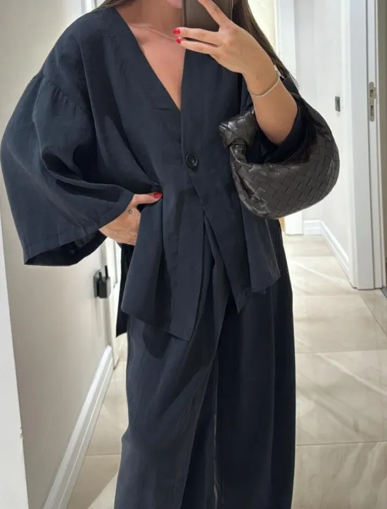 Online Women's Daily Basic Pants Sets Long Sleeve V Neck Plain Casual Daily Black Navy Blue Fuchsia Summer Oversized Women Two Piece Sets