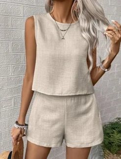 Outlet Women's Daily Basic Tank Top Baggy Shorts Sleeveless Crew Neck Plain Casual Daily Green Beige Summer Regular Fit Women Two Piece Sets