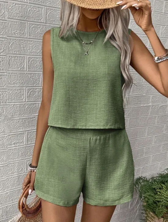 Outlet Women's Daily Basic Tank Top Baggy Shorts Sleeveless Crew Neck Plain Casual Daily Green Beige Summer Regular Fit Women Two Piece Sets
