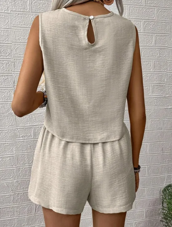 Outlet Women's Daily Basic Tank Top Baggy Shorts Sleeveless Crew Neck Plain Casual Daily Green Beige Summer Regular Fit Women Two Piece Sets